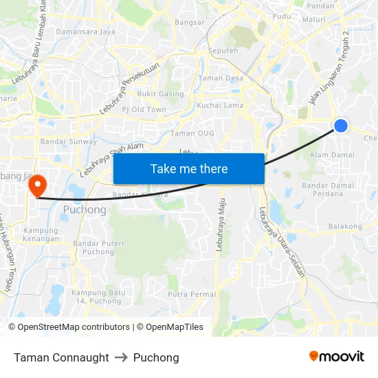 Taman Connaught to Puchong map
