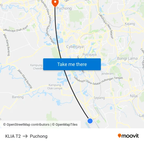 KLIA T2 to Puchong map