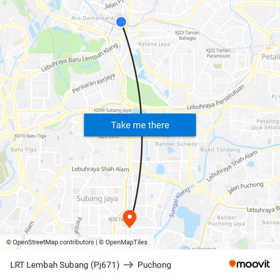 LRT Lembah Subang (Pj671) to Puchong map