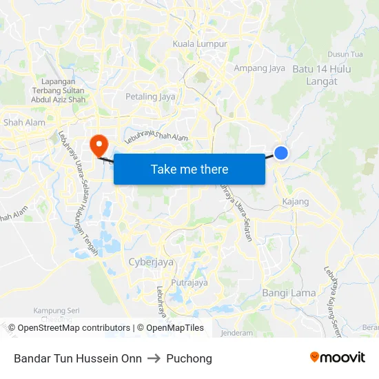 Bandar Tun Hussein Onn to Puchong map