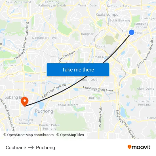 Cochrane to Puchong map