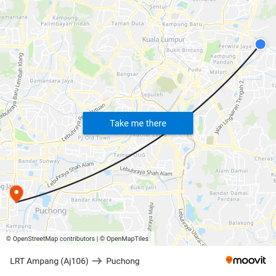 LRT Ampang (Aj106) to Puchong map