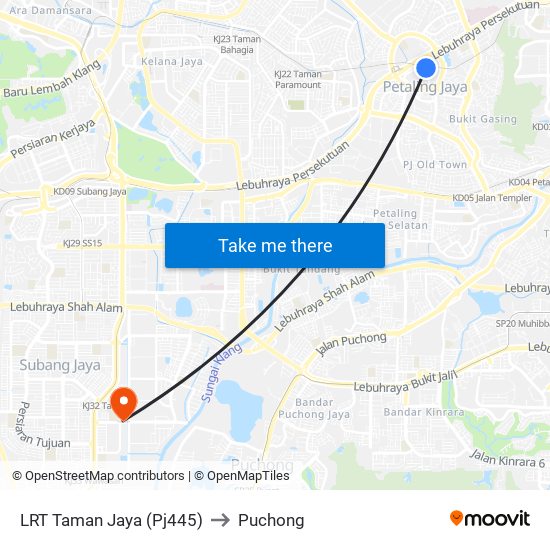 LRT Taman Jaya (Pj445) to Puchong map