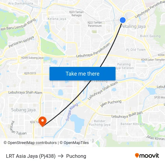 LRT Asia Jaya (Pj438) to Puchong map