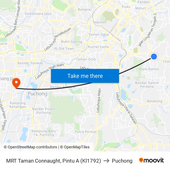 MRT Taman Connaught, Pintu A (Kl1792) to Puchong map