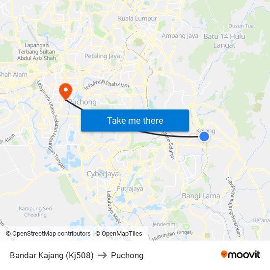 Bandar Kajang (Kj508) to Puchong map