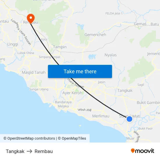 Tangkak to Rembau map