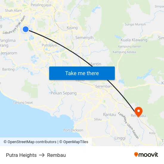 Putra Heights to Rembau map