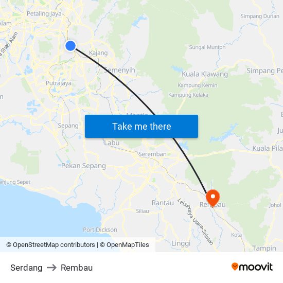 Serdang to Rembau map