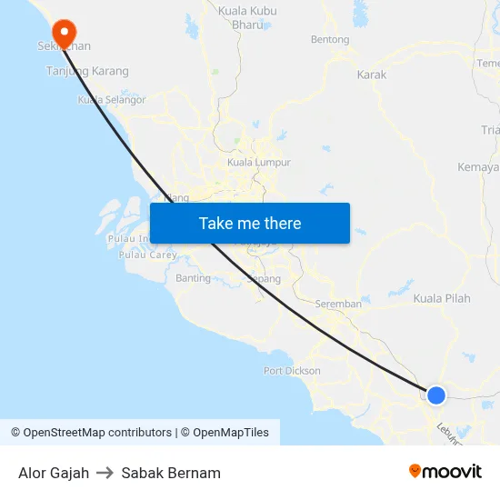Alor Gajah to Sabak Bernam map