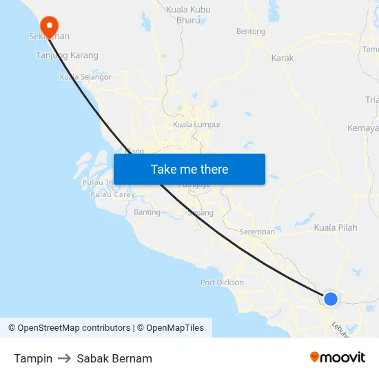 Tampin to Sabak Bernam map