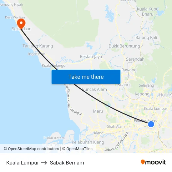Kuala Lumpur to Sabak Bernam map