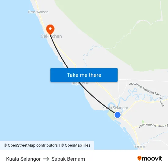 Kuala Selangor to Sabak Bernam map