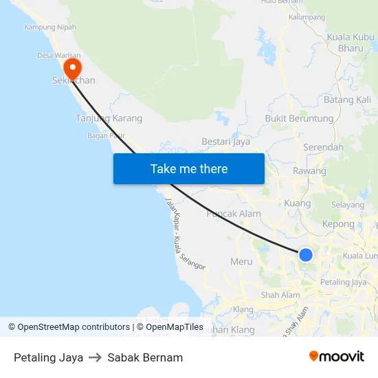 Petaling Jaya to Sabak Bernam map