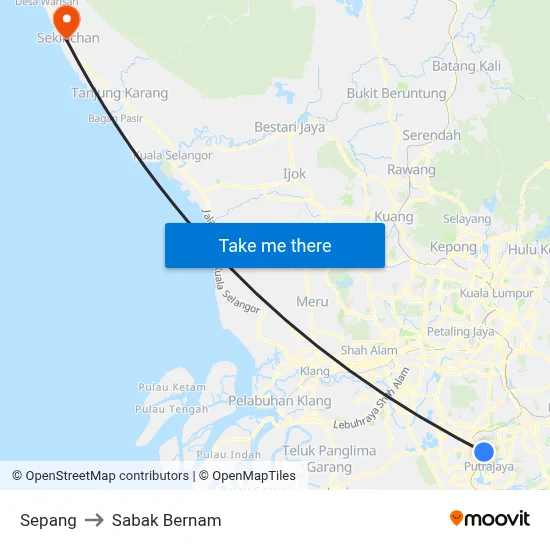Sepang to Sabak Bernam map