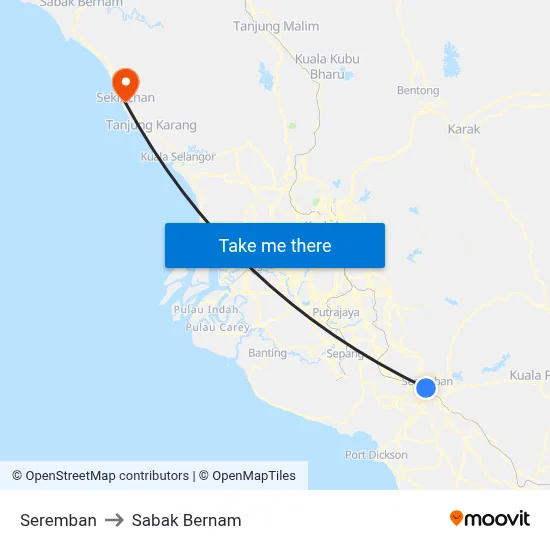 Seremban to Sabak Bernam map