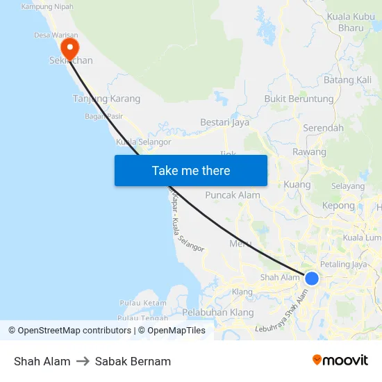 Shah Alam to Sabak Bernam map