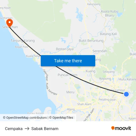 Cempaka to Sabak Bernam map