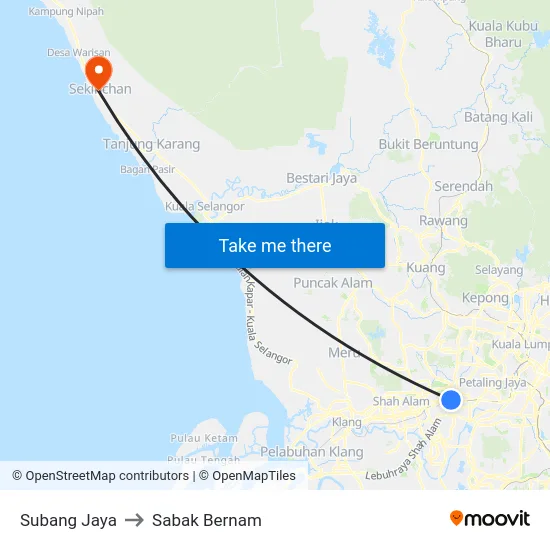 Subang Jaya to Sabak Bernam map