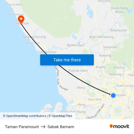 Taman Paramount to Sabak Bernam map