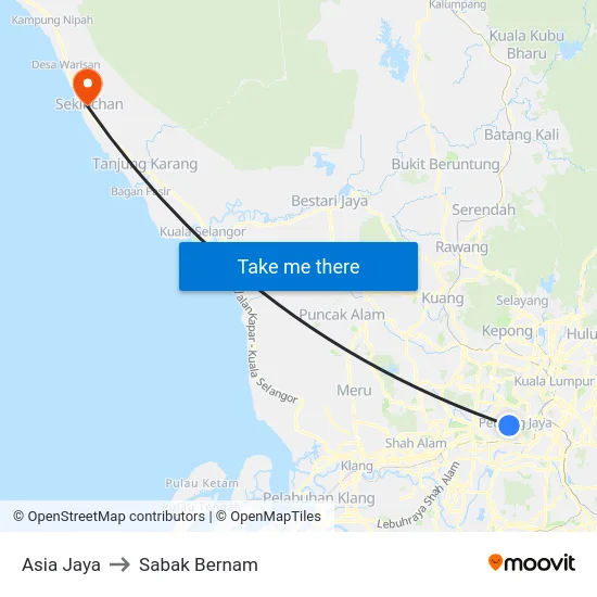 Asia Jaya to Sabak Bernam map