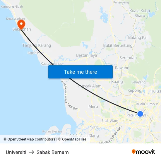 Universiti to Sabak Bernam map
