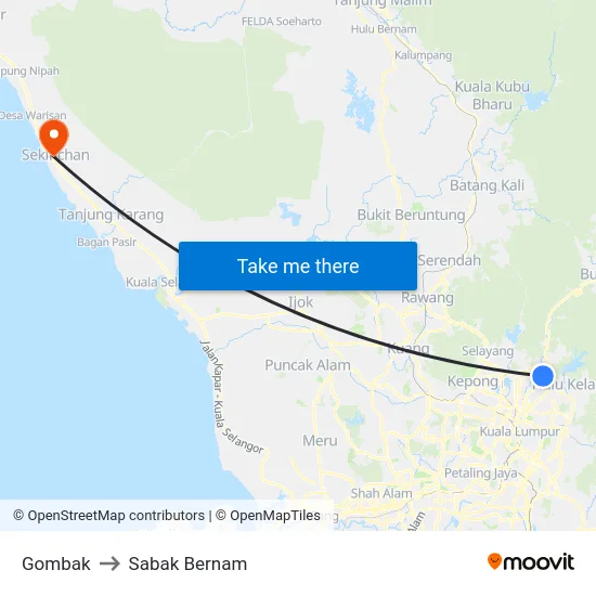 Gombak to Sabak Bernam map