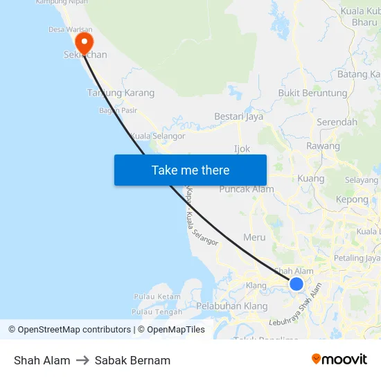 Shah Alam to Sabak Bernam map