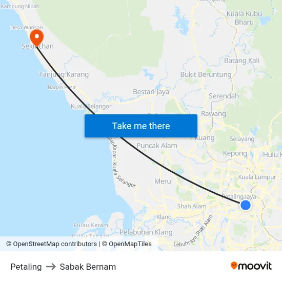 Petaling to Sabak Bernam map