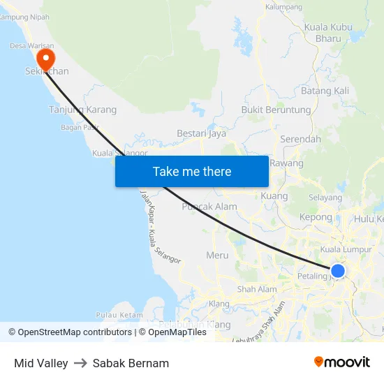 Mid Valley to Sabak Bernam map