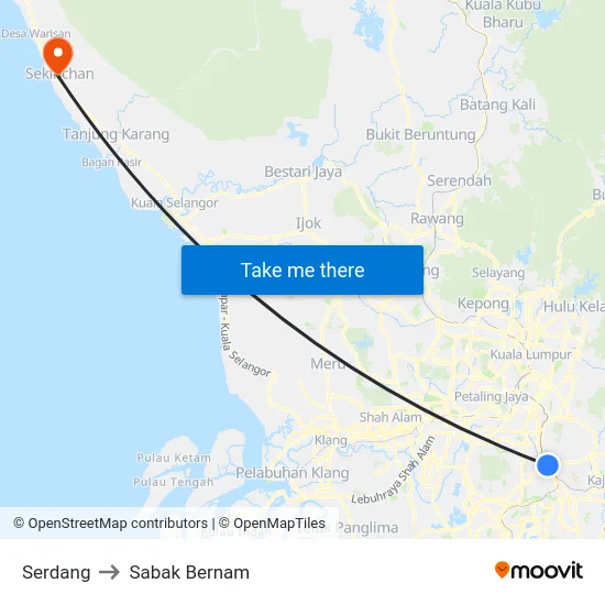 Serdang to Sabak Bernam map