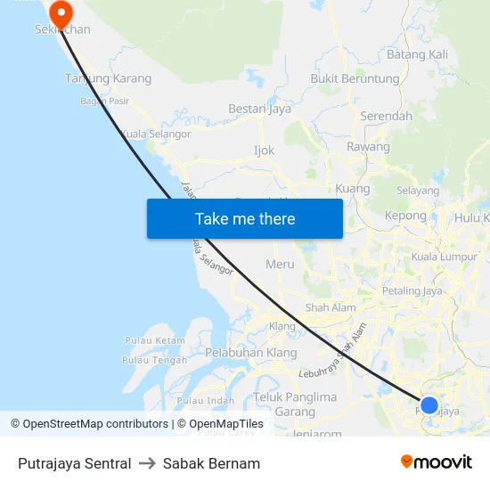 Putrajaya Sentral to Sabak Bernam map