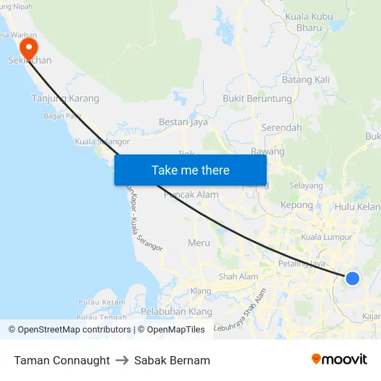 Taman Connaught to Sabak Bernam map