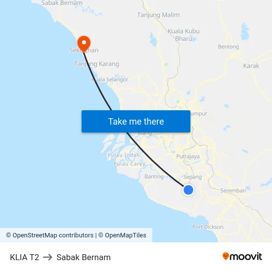 KLIA T2 to Sabak Bernam map