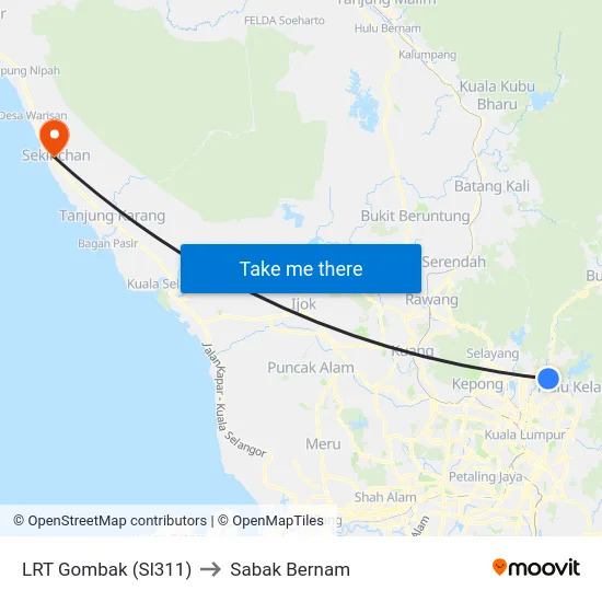 LRT Gombak (Sl311) to Sabak Bernam map