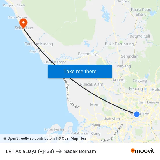 LRT Asia Jaya (Pj438) to Sabak Bernam map