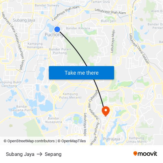 Subang Jaya to Sepang map