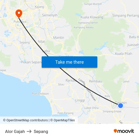 Alor Gajah to Sepang map
