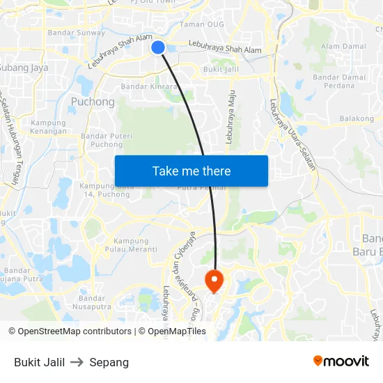 Bukit Jalil to Sepang map