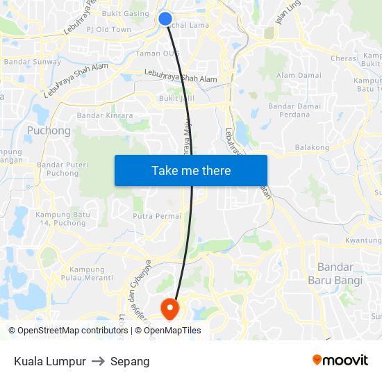 Kuala Lumpur to Sepang map