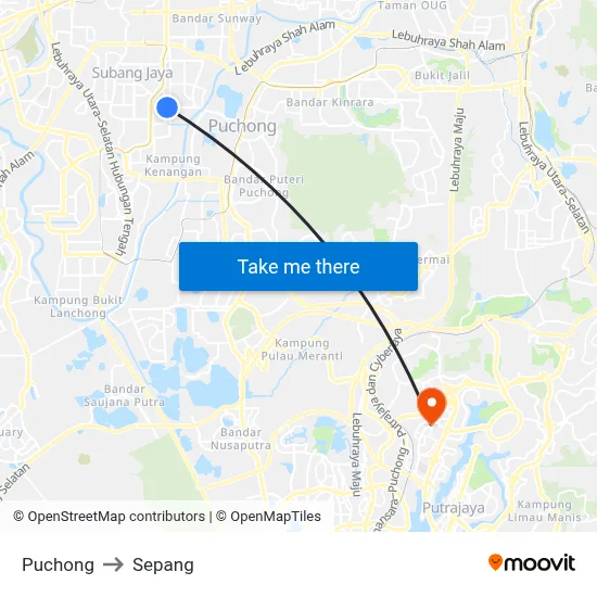Puchong to Sepang map