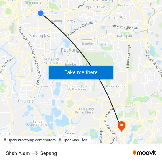 Shah Alam to Sepang map