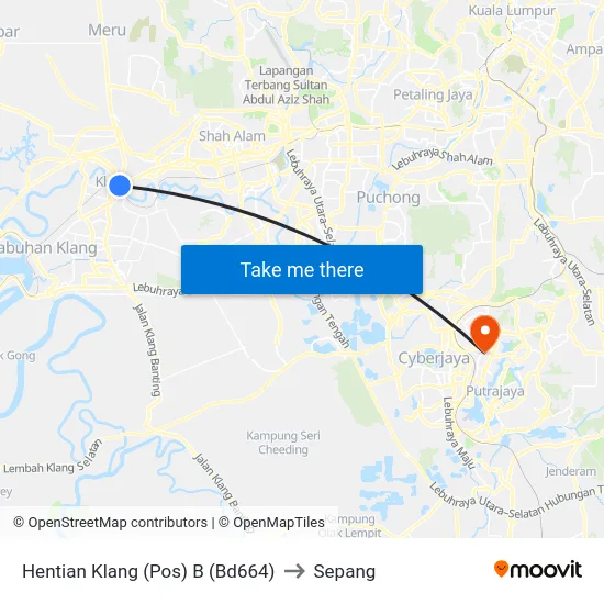 Hentian Klang (Pos) B (Bd664) to Sepang map