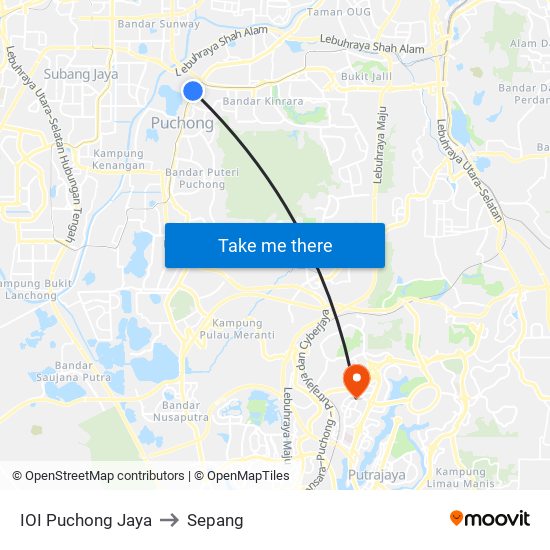 IOI Puchong Jaya to Sepang map