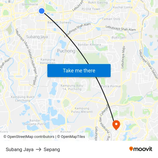 Subang Jaya to Sepang map