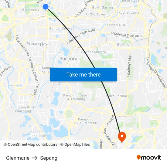 Glenmarie to Sepang map