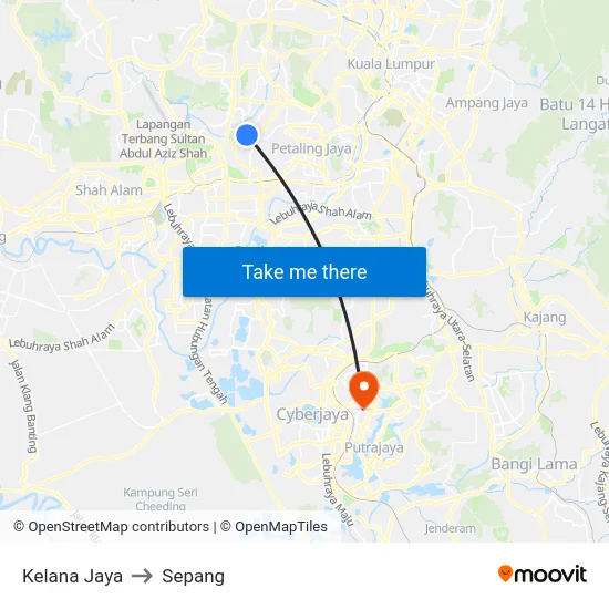 Kelana Jaya to Sepang map