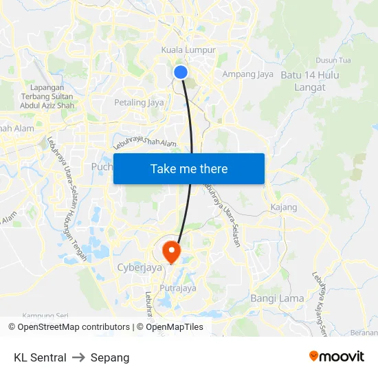 KL Sentral to Sepang map