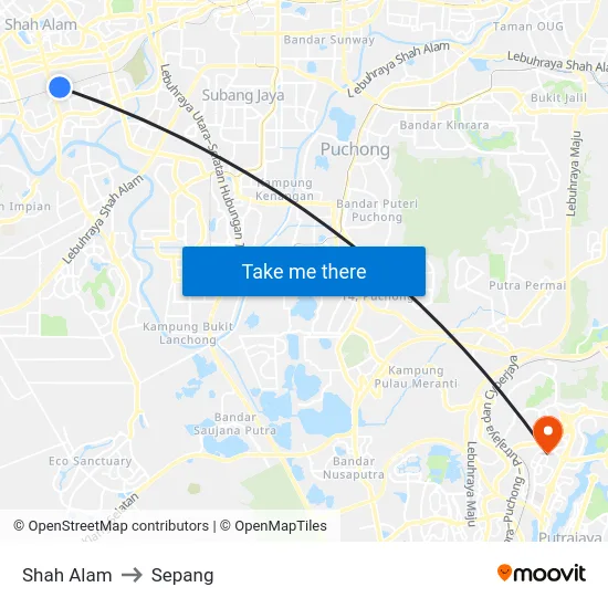 Shah Alam to Sepang map
