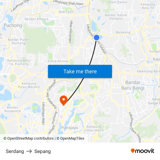 Serdang to Sepang map